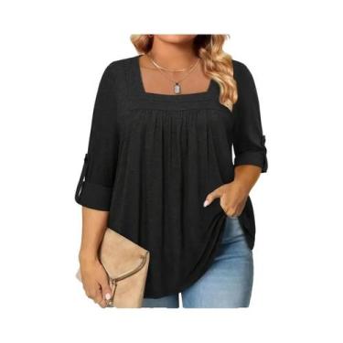 Imagem de Blusa De Verão plus Size Em Cor Sólida Com Decote Quadrado 1XL-5XL Cam