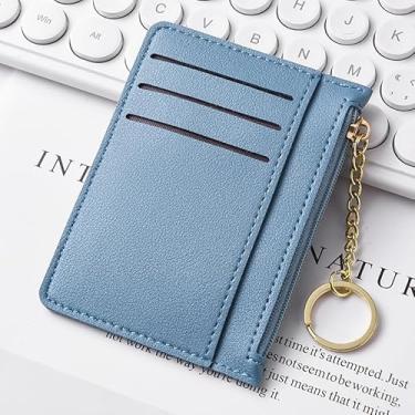 Imagem de Carteira unissex leve, bolsa de cartão simples de couro PU com bolso com zíper - 7 compartimentos para cartões, impermeável, leve para uso diário em viagens (várias cores disponíveis), Azul, Retrô