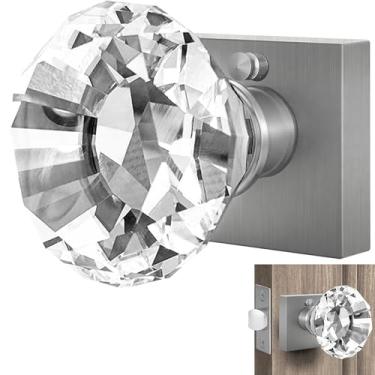 Imagem de Balin Designs Maçaneta de porta de cristal prata com trava, base quadrada, conjunto de privacidade interior de maçanetas de porta de vidro, maçaneta decorativa vintage estilo antigo para quarto