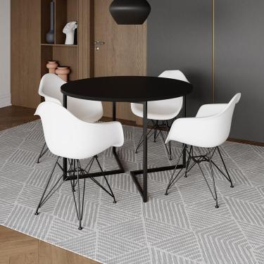 Imagem de Mesa Industrial Jantar Redonda 110Cm Preta Base V Com 4 Poltronas Brancas Eames Daw Ferro Preto