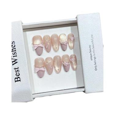 Imagem de Unhas Postiças Rosa Estilo Francês Com Laço 3D, 10 Peças, Formato Amên