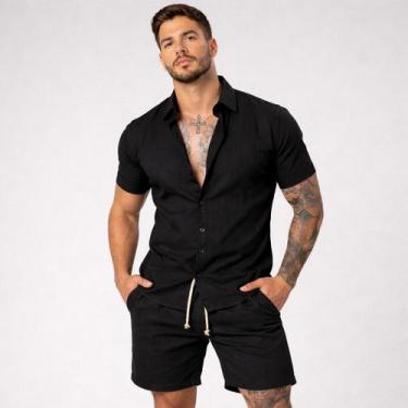 Imagem de Conjunto Masculino Viscolinho Camisa Shorts Mauricinho - Volgue, Preto