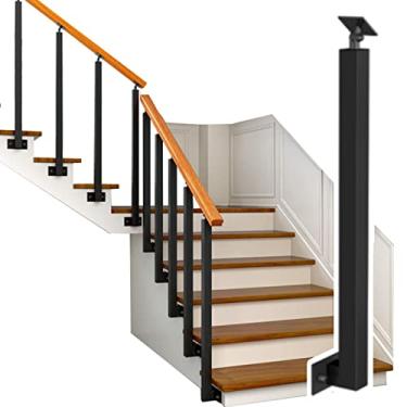 Imagem de Coluna de poste de trilho quadrado moderno, sistema de balaústres de escada de metal montagem lateral para borda interna externa, barra de apoio de braço de madeira (cor: altura do poste 75 cm/29,5")