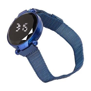 Imagem de Relógio de LED feminino, requintado relógio de LED redondo com brilho, fecho de aleta digital LED design de moda para adultos Azul