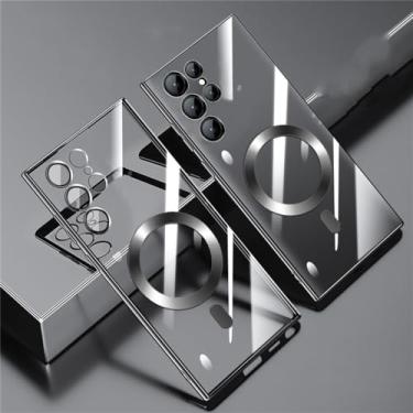 Imagem de MVVKKY Capa de carregamento magnética sem fio à prova de choque para Samsung S23 Ultra S23 S22Ultra S21 Plus Tampa traseira de vidro com lente transparente, preta, para Samsung S22 Plus