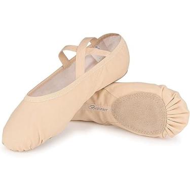Imagem de Bestgift Sapatos de dança de fita de cetim para meninas Sapatilhas de balé planas Sapatilhas de balé adulto Sapatos de exercício para crianças Bege 25