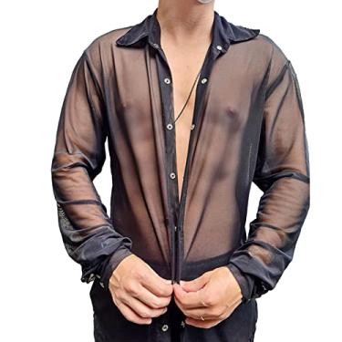 Imagem de Top de malha masculino, botão de fileira única, camisa de gola virada para baixo, manga longa masculina, interior, Preto, P
