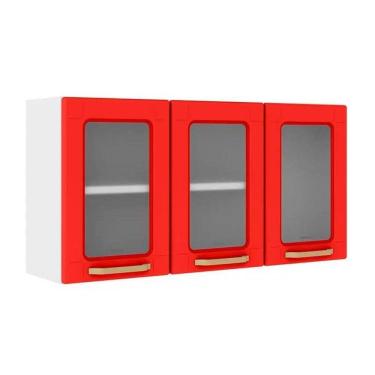Imagem de Módulo Cozinha Bertolini Colors Armário 6010 3 Portas c/Vidro Branco/Vermelho