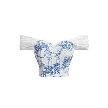 Imagem de BEAUDRM Camiseta feminina estampada com ombros de fora franzido cropped slim fit pulôver cropped boho cropped, Azul e branco, G