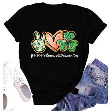 Imagem de Camiseta feminina Dia de São Patrício com estampa de coração de trevo camiseta Peace Love St Patty's Day Camisetas irlandesas, Amor - preto, M