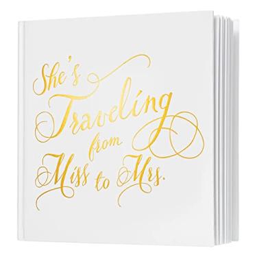 Imagem de Calculs Livro de visitas para chá de panela Polaroid She's Traveling from Miss to Mrs Polaroid 21,6 cm Square Bride To Be, capa branca, estampagem dourada, páginas brancas em branco para Instax
