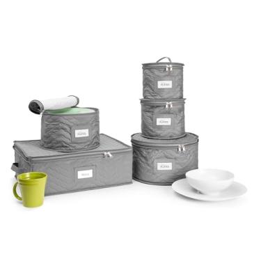 Imagem de Sorbus – Conjunto de 5 peças de armazenamento de louça para proteger ou transportar louça — Serviço para 12 — Proteção de placa redonda e taça acolchoada, protetores de feltro para pratos, capa fina da China, Cinza, Dinner Plate Case 12” D x7.5” H, Salad Plate Case 10” D x6 ” H, Dessert Plate Case 8