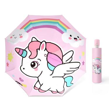 Imagem de Hannstar Guarda-chuva infantil automático, guarda-chuva telescópico dobrável para meninas e meninos, proteção UV/solar - forte e portátil - compacto, durável, leve e fofo gatinho, Rainbow U ni-corn