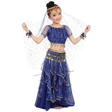 Imagem de Conjunto de saia de dança do ventre para meninas, fantasia de Halloween com véu de cabeça, corrente na cintura, Azul escuro, P