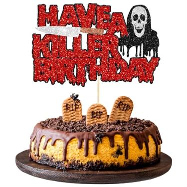 Imagem de 1Pc Have a Killer Birthday Cake Topper Glitter Horror Classic Halloween Killer Birthday Cake Pick for Bloody Horror Movie Theme Birthday Baby Shower Party Cake Decorations Supplies