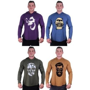 Imagem de Kit 4 Camisetas Manga Longa com Touca Longline Estampada Treino Academia Lazer Casual-Masculino
