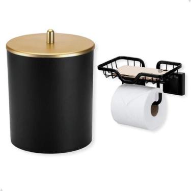 Imagem de Kit Papeleira Celular Black  Lixeira 5 Litros Tampa Dourada Fixação Ad