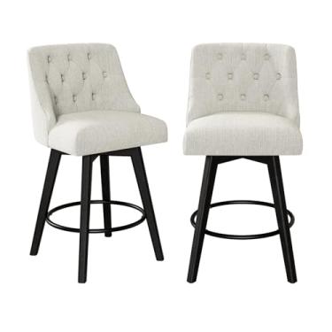 Imagem de Erdoru Bancos de bar com altura giratória, bancos de cozinha estofados com encosto, cadeiras de cozinha de tecido de linho de 67 cm com apoio para os pés e pernas de madeira maciça para ilha de