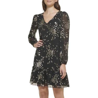 Imagem de kensie Minivestido feminino de manga comprida de chiffon estampado, Preto/dourado, 36