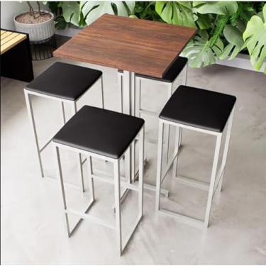 Imagem de Conjunto Mesa Alta Bar Bistrô Quadrada Imbuia 4 Bancos Estofado Industrial White (Preto)