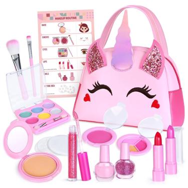 Imagem de Kit de maquiagem lavável Shemira Kids, brinquedo para meninas, com bolsa Unicorn Play, conjunto de maquiagem real para meninas, conjunto de maquiagem