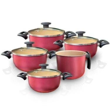 Imagem de Jogo de Panela Caçarola Antiaderente Com Canecão 5 Peças Tampa de Vidr