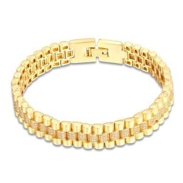 Imagem de MRDOPELUX Pulseiras masculinas - pulseira hip hop gelada para homens, corrente de relógios de cobre banhada a ouro amarelo 18K, corrente de mão de zircão brilhante exclusiva para pai, filho, avô, tio