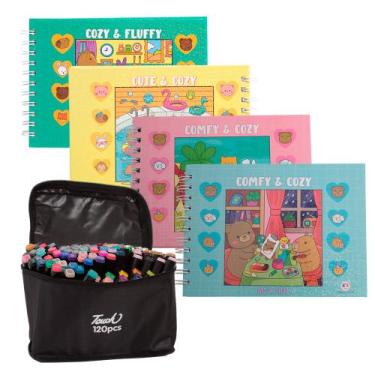 Imagem de Kit Livro de Colorir Comfy e Cozy Antiestresse + 120 Canetas - Toys 2u