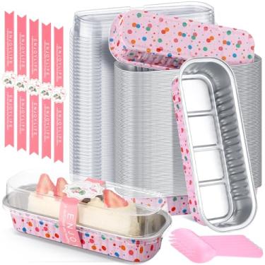 Imagem de Tioncy 50 peças de mini formas de pão rosa com tampas, colheres, adesivo, pontos coloridos, 200 ml, retangulares, folhas de alumínio, formas de assar muffins, copos de cupcake para piqueniques