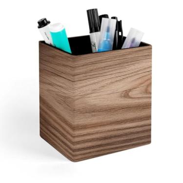 Imagem de YTLKGFP Porta-canetas de couro com estampa de grão de madeira para mesa, maquiagem, pincéis, armazenamento de copos, organizador de mesa