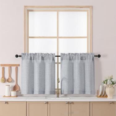 Imagem de Chyhomenyc Cortinas de cozinha cinza de 61 cm de comprimento, cortinas de café pequenas texturizadas de linho sintético com filtro de luz, cortina de janela curta com bolso para varão para armário