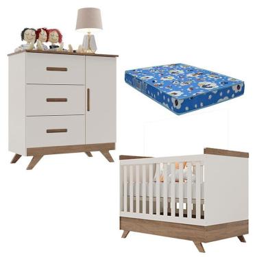 Imagem de Berço Americano Vitória E Cômoda Retro Maya Off White Carvalho Com Colchão Ortobom – Canaã