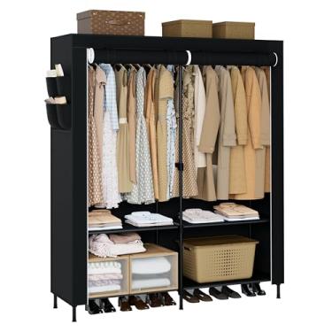Imagem de CASAMAYA Armário portátil, armário de grande capacidade de 54,3 polegadas com capa, organizador de armazenamento de roupas com prateleiras e 2 varões para pendurar, fácil de montar, preto PCT102B01