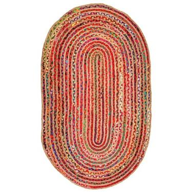 Imagem de MDS Pacote com 1 tapete de área de juta trançado feito à mão, oval de 6 x 1,8 m - 100% serapilheira natural com chindi multicolorido de algodão, tapetes reversíveis para decoração de casa, sala de