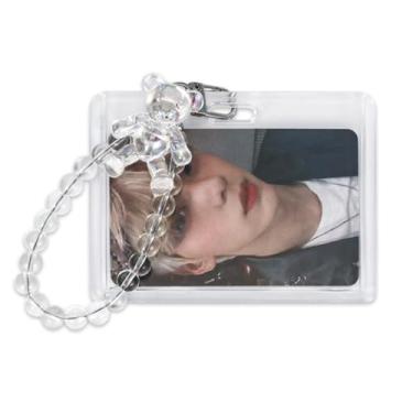 Imagem de Porta-cartões fotográficos de acrílico, porta-cartões Kpop 5,5 x 7,6 cm com pingente de urso, porta-crachá transparente (horizontal)