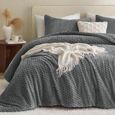 Imagem de Petrichor Conjunto de edredom Queen fofo de flanela cinza ultramacio para cama queen, conjunto de cama quente de luxo para inverno e outono, conjunto de cama felpuda aconchegante, 3 peças (1 edredom e