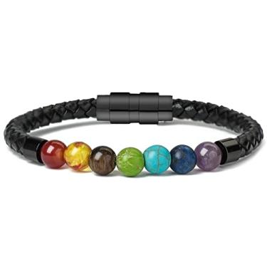 Imagem de shajwo Joias de cremação, pulseira de urna de pedra vulcânica para cinzas para mulheres e homens, pulseiras de couro genuíno para equilíbrio de chakras, 8.5 inches, Metal, aço inoxidável