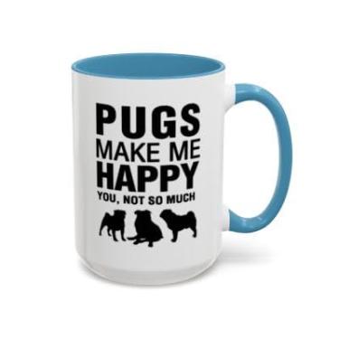 Imagem de Caneca Pugs Make Me Happy - Presente engraçado para amantes de cães, xícara de café com destaque - Ideia de presente de aniversário e Natal (azul claro, 425 g)