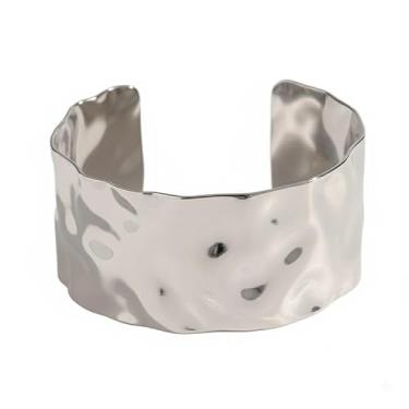 Imagem de Bracelete Grosso Largo Prata Dourado Aço Inoxidável Banhado Ouro 18K Amassado Martelado-Pulseira Feminina Rígida Aço Cirúrgico Fluido Antebraço Aberto Cuff Elegante Moderno-Presente Feminino Orgânico Assimétrico Inoxidável (Prata)