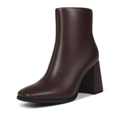 Imagem de Botas de tornozelo Wetviro femininas, marrons, salto grosso, bico quad