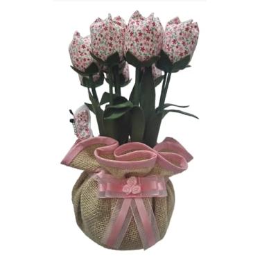 Imagem de PESO DE PORTA/ARRANJO DE MESA ARTESANAL - 12 TULIPAS EM TECIDO ESTAMPADO FLORAL ROSA/VERMELHO E JUTA - 1,7 KG