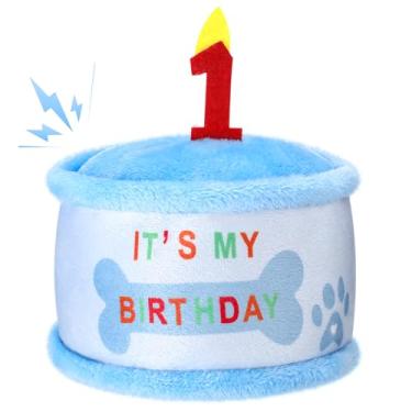 Imagem de Soulchen Brinquedo de bolo de 1º aniversário para cães, brinquedo de pelúcia azul para presente de decoração de aniversário de cachorro