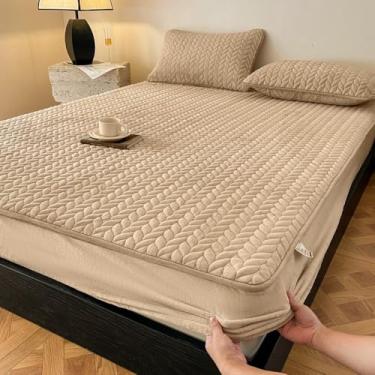 Imagem de Lençol de cama macio e quente, protetor de colchão com bolso profundo espesso, elástico, antiderrapante, aconchegante para todas as estações, roupa de cama de luxo para casal Queen King Size cáqui ||