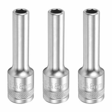 Imagem de HARFINGTON 3 peças soquete profundo de 6 pontos 1/5.1 cm drive 8 mm de profundidade métrica CR-V aço polido niquelado 78 mm / 3,1" ferramenta de soquete sextavado longo para reparo de parafusos de