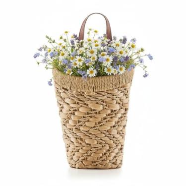 Imagem de Cesta suspensa tecida à mão para cestas de parede - cesta suspensa de jacinto de água para porta da frente, cestas de parede/porta para organização, armazenamento, decoração de flores (jacinto de água