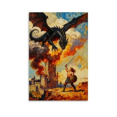 Imagem de Pôster de arte vintage Warriors Vs Dragons Canvas Wall Art Poster emoldurado ou sem moldura impressões de decoração de casa para sala de estar quarto escritório 12 x 18 polegadas (30 x 45 cm) estilo