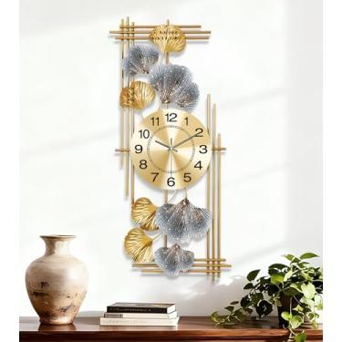 Imagem de JXQXYN Relógio de parede grande, relógios para sala de estar, design retrô de folha de ginkgo, silencioso - relógios de parede operados por bateria, pode ser pendurado vertical e horizontalmente, para