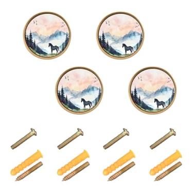 Imagem de Burbuja Puxadores de armário de cozinha Horse in Mountains, pacote com 4, puxadores redondos de 3,5 cm, puxadores de cômoda com parafusos para armários de cozinha, quarto, armário