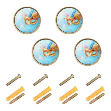 Imagem de Burbuja Máscara dourada Mardi Gras puxadores de armário de cozinha, pacote com 4, gaveta redonda de 3,5 cm, puxadores de cômoda com parafusos para cozinha, quarto, armários, armário