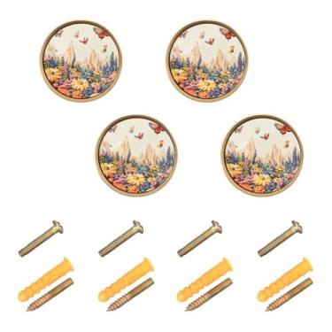 Imagem de Burbuja Puxadores de armário de cozinha retrô Wildflowers, pacote com 4, puxadores redondos de 3,5 cm, puxadores de cômoda com parafusos para armários de cozinha, quarto, armário